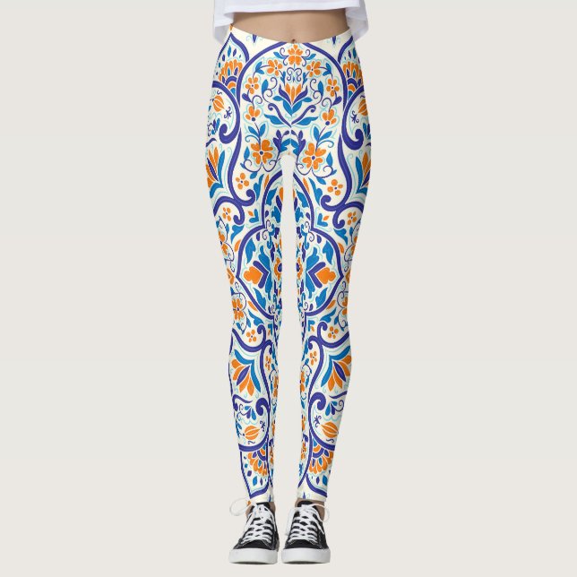 Luxury Orange Blue Ornament Mönster Leggings (Framsida)