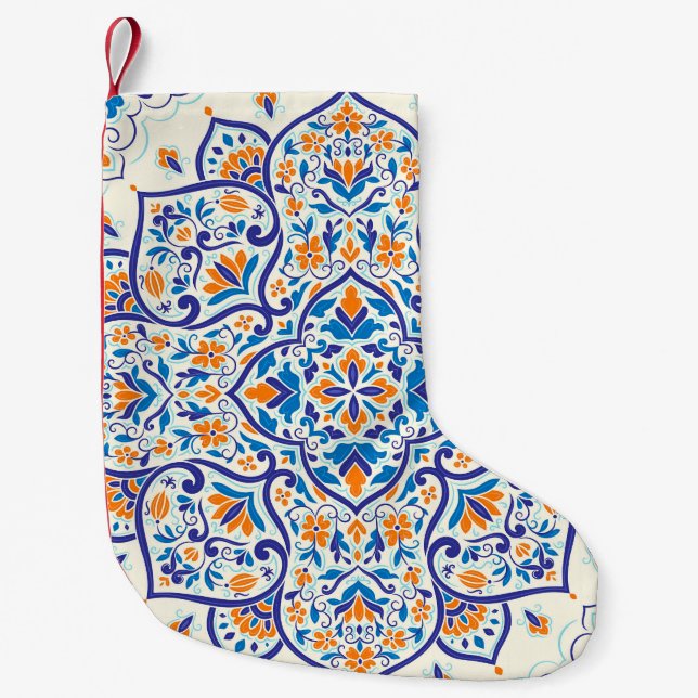 Luxury Orange Blue Ornament Mönster Liten Julstrumpa (Framsidan)