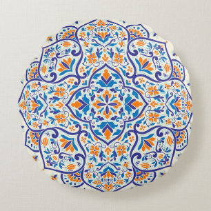 Luxury Orange Blue Ornament Mönster Rund Kudde