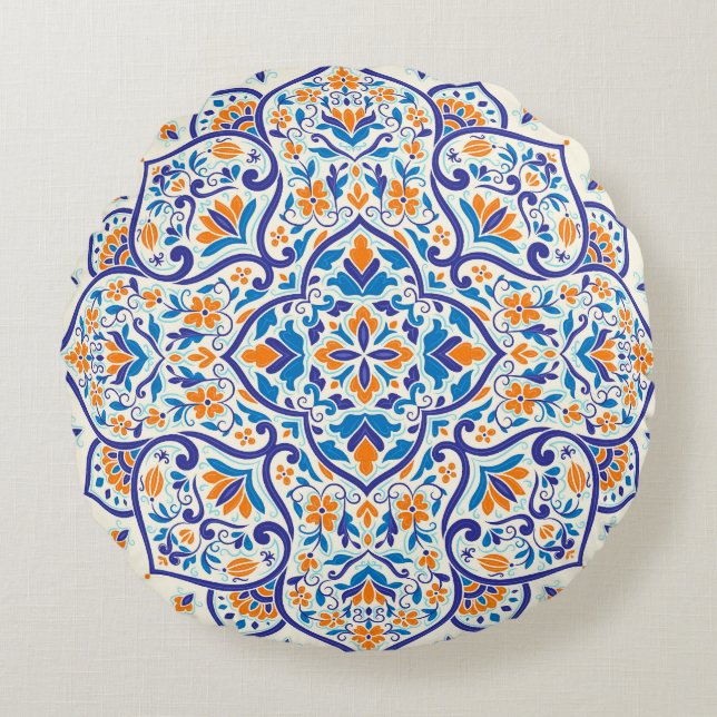 Luxury Orange Blue Ornament Mönster Rund Kudde (Framsidan)