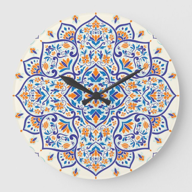 Luxury Orange Blue Ornament Mönster Stor Klocka (Framsida)