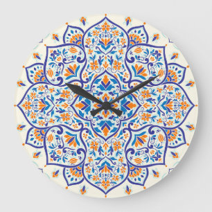 Luxury Orange Blue Ornament Mönster Stor Klocka