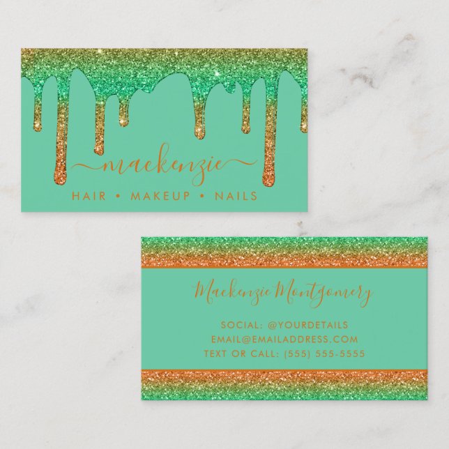 Luxury Orange Teal Rainbow Gnistra Glitter Drives Visitkort (Fram/baksida)