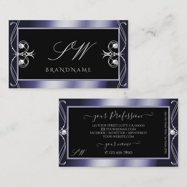 Luxury Ornate Black Blue Gnistra Diamonds Monogram Visitkort (Fram/baksida)