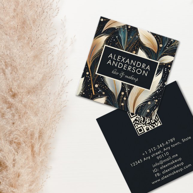 Luxury Pampas Grass Mönster Black Fyrkantigt Visitkort (Luxury Pampas Grass Pattern Black Square Business Card)