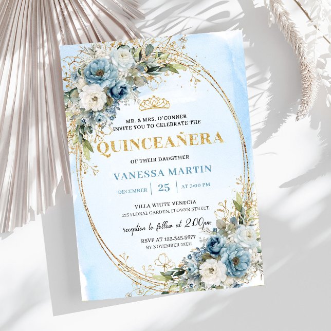 Luxury Pastel Blue Gold Eucalyptus Quince Invites Inbjudningar (Luxury Pastel Blue Gold Eucalyptus Quince Invitation)