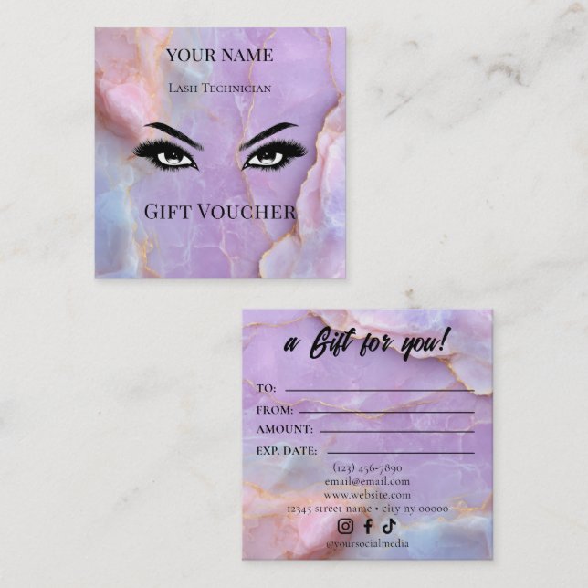 Luxury Pastel Marble Lash Ar Gift Certificate Card Lojalitetskort (Fram/baksida)
