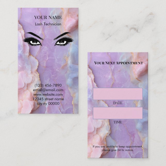 Luxury Pastel Marble Lash Artist Appointment Card Tidsbeställning Kort (Fram/baksida)