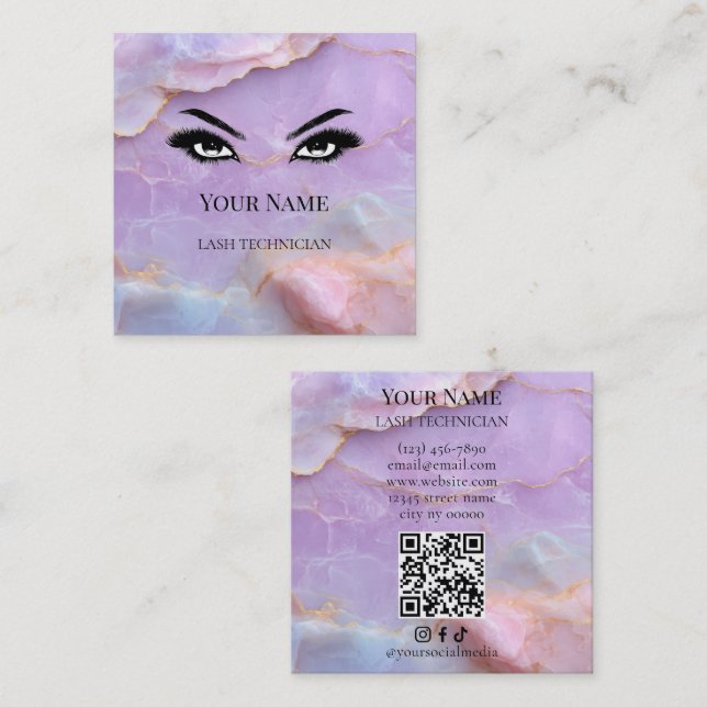 Luxury Pastel Marble Lash Artist QR code  Fyrkantigt Visitkort (Fram/baksida)