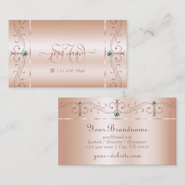 Luxury Pastel Ro Coral Squiggled Jewels Monogram Visitkort (Fram/baksida)