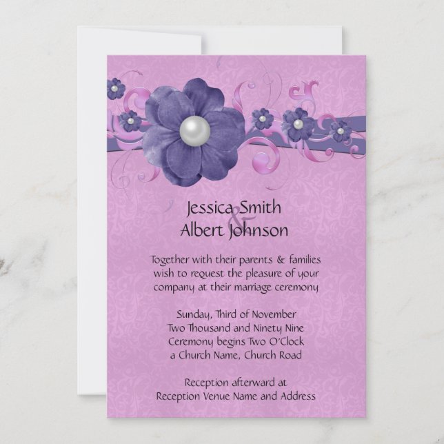 Luxury Pearl Blommigt Lavender Damask Wedding Inbj Inbjudningar (Framsida)