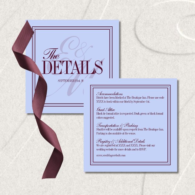 Luxury Periwinkle and Plum Formal Wedding Details Tilläggskort (Luxury Periwinkle and Plum Formal Wedding Details Enclosure Card
)