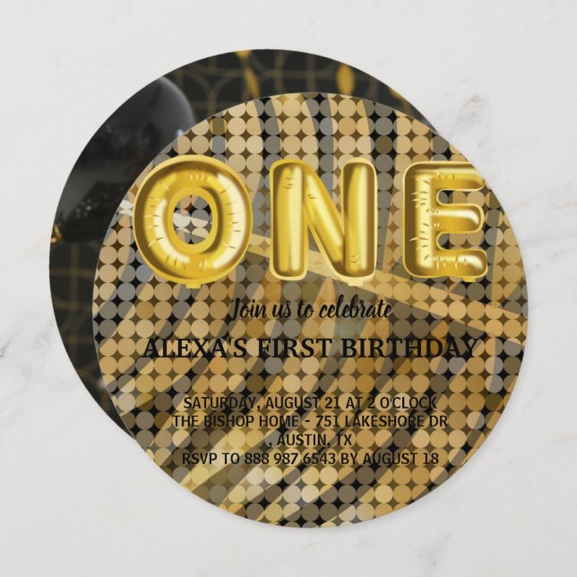 Luxury Photo Black och Guld disco Birthday Inbjudningar (Fram/baksida)