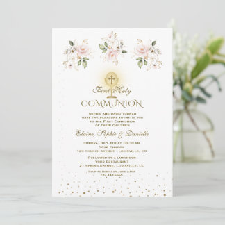 Luxury Pink Blush Floral Triplets Holy Communion Inbjudningar
