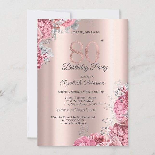 Luxury Pink Floral Rose Gold 80th Birthday Party Inbjudningar (Framsida)