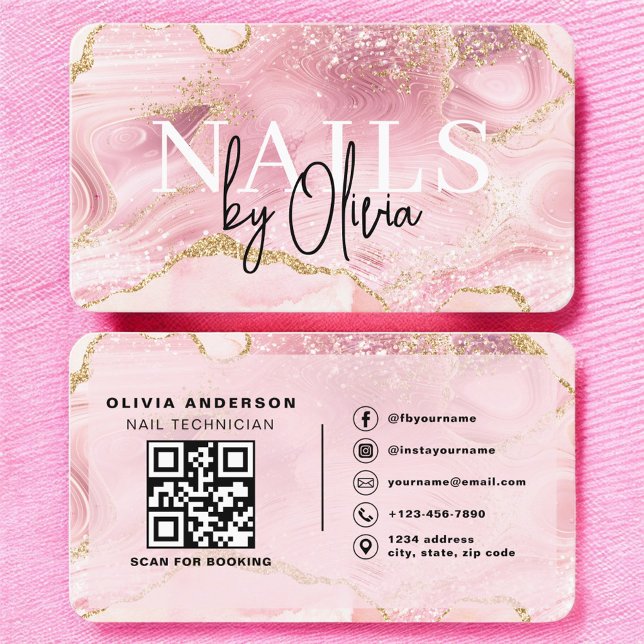 Luxury Pink Marble Nail Tech Branding Visitkort (Skapare uppladdad)