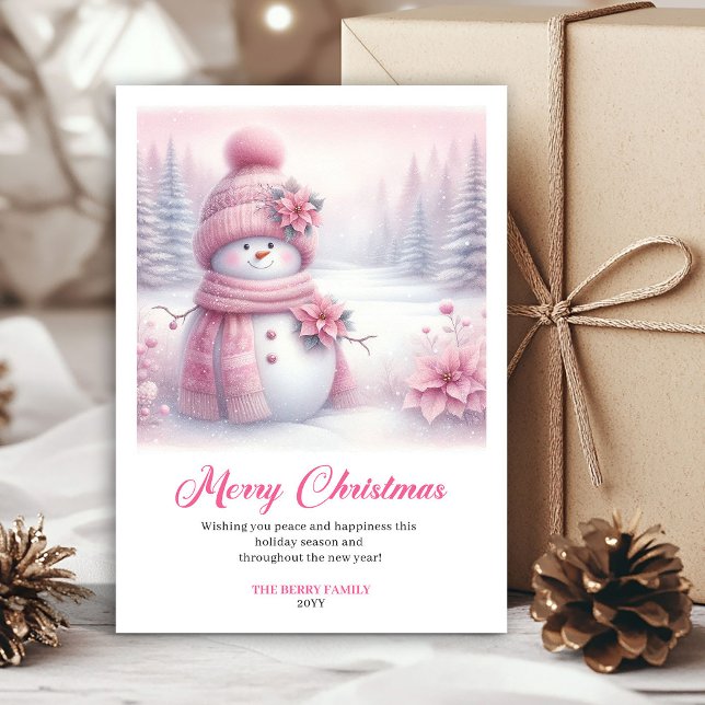 Luxury Pink Snowman Kids Editable Christmas Cards Julkort (Luxury Pink Snowman Kids Editable Christmas Greeting Card

)