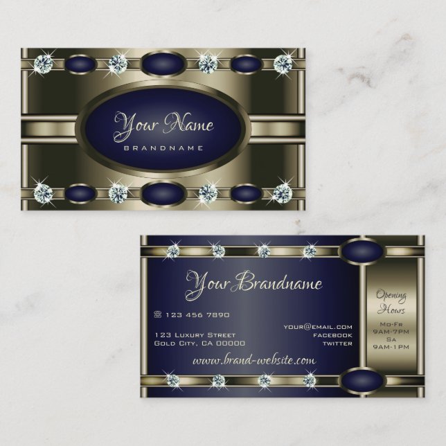 Luxury Platinum och Blue Färg med Faux Diamonds Visitkort (Fram/baksida)