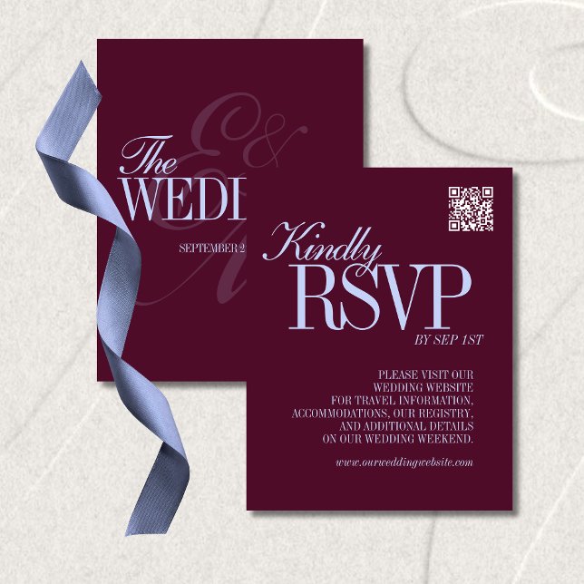 Luxury Plum and Periwinkle QR Code Formal Wedding OSA Kort (Luxury Plum and Periwinkle QR Code Formal Wedding RSVP Card)