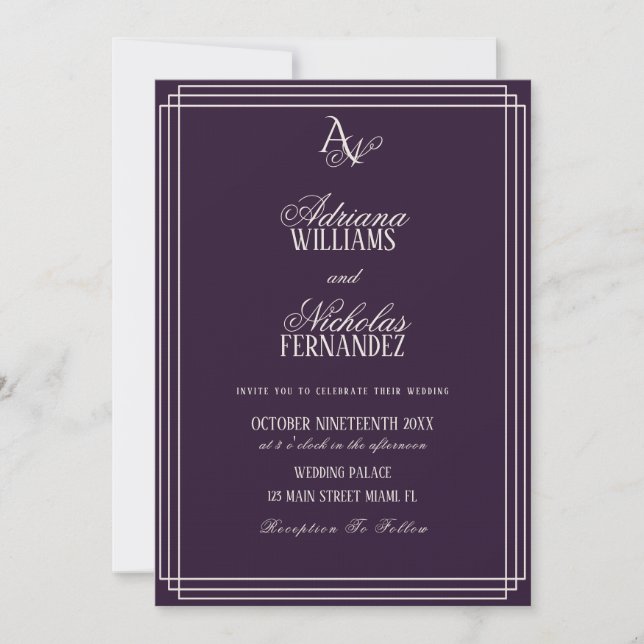 Luxury Plum Monogram Wedding Inbjudningar (Framsida)