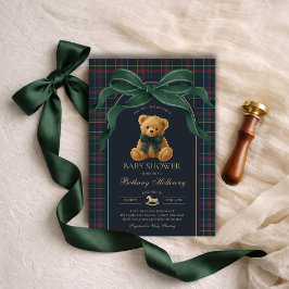 Luxury Polo Teddy Bear Green Bow Plaid Baby Shower Inbjudningar