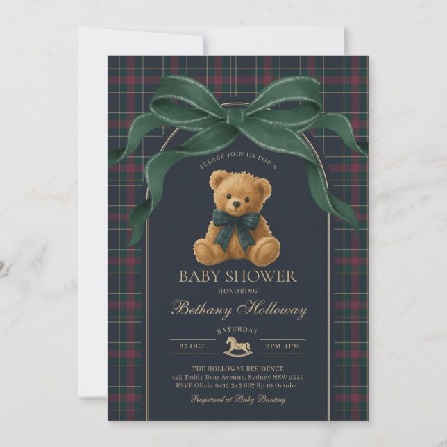 Luxury Polo Teddy Bear Green Bow Plaid Baby Shower Inbjudningar (Framsida)