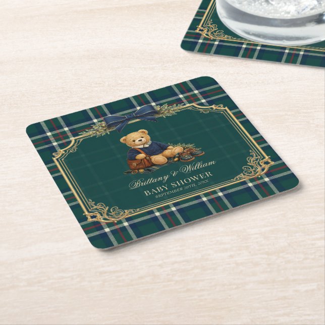 Luxury Preppy Teddy Bear Plaid Baby Shower  Underlägg Papper Kvadrat (Vinklad)