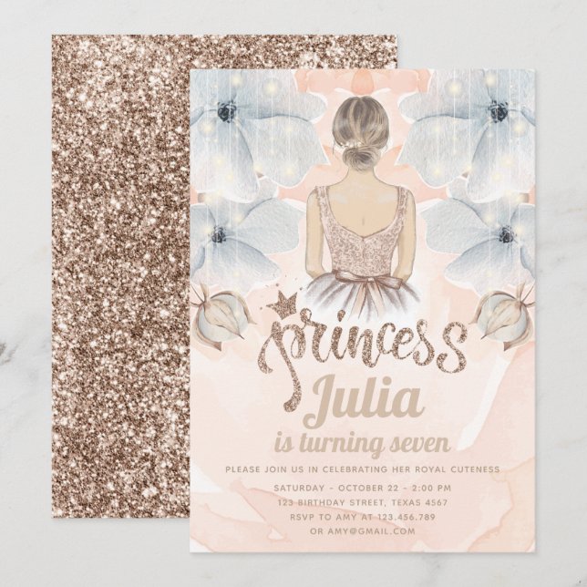 Luxury Princess Födelsedagsfest Beige glitter Inbjudningar (Fram/baksida)