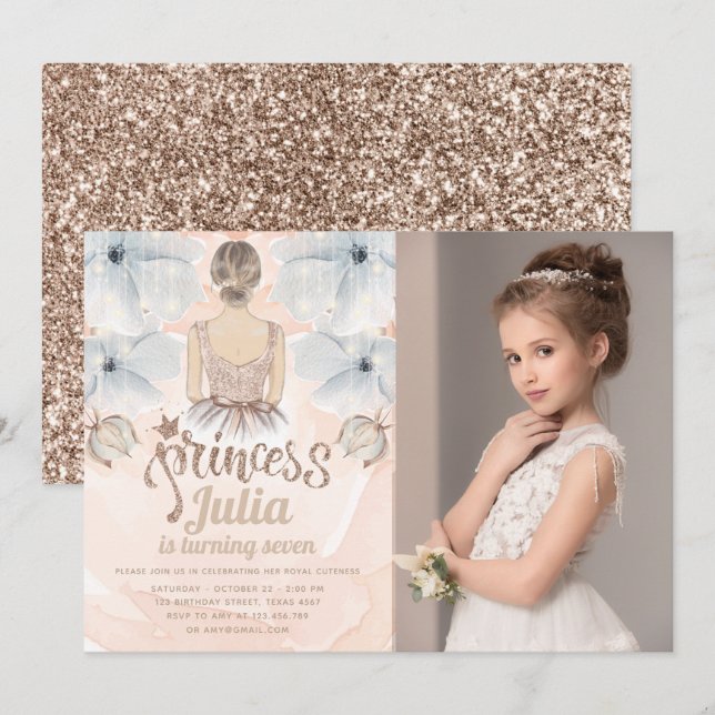 Luxury Princess Födelsedagsfest Photo glitter Inbjudningar (Fram/baksida)