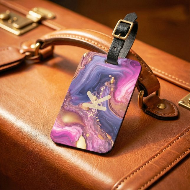 Luxury Purple & Gold Agate Marble Alcohol Ink Bagagebricka (Skapare uppladdad)