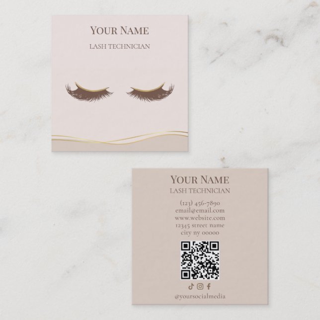 Luxury QR code Beige and Gold Lash Technician Fyrkantigt Visitkort (Fram/baksida)