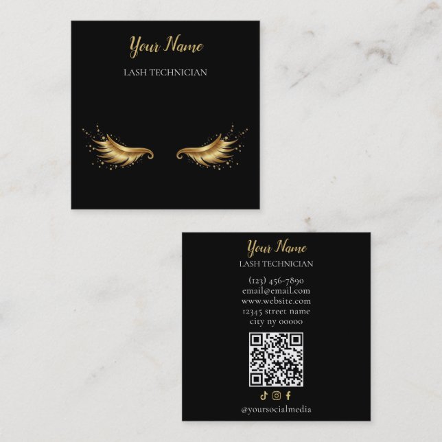 Luxury QR code Black and Gold Lash Technician Busi Fyrkantigt Visitkort (Fram/baksida)