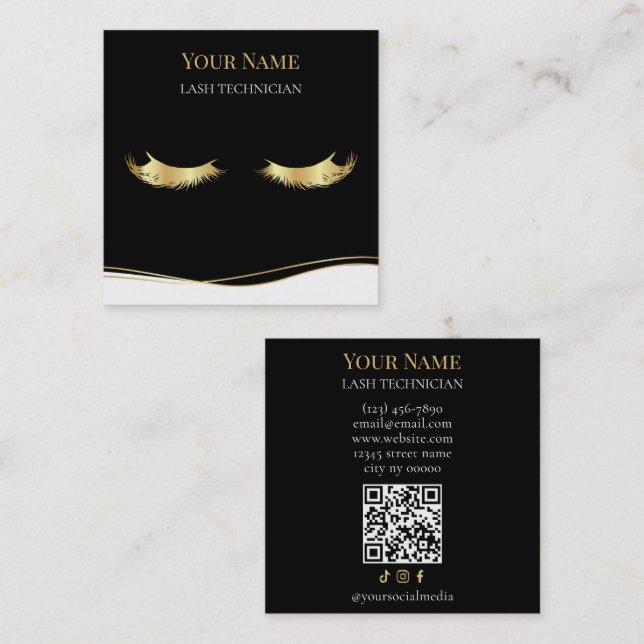 Luxury QR code Black and Gold Lash Technician Fyrkantigt Visitkort (Fram/baksida)