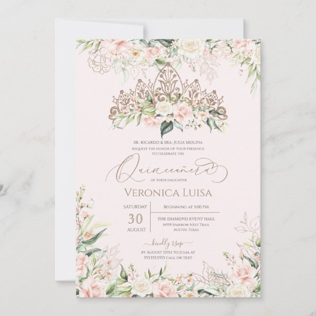 Luxury Quinceanera (mjuk Rosa och Vit ros Elegant) Inbjudningar (Framsida)