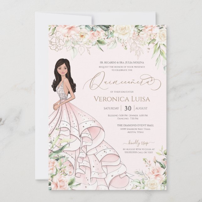 Luxury Quinceanera (mjuk Rosa och Vit ros Elegant) Inbjudningar (Framsida)