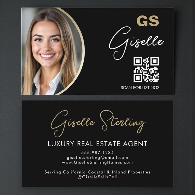 Luxury Real Estate Agent QR Code Black Gold Photo  Visitkort (Skapare uppladdad)