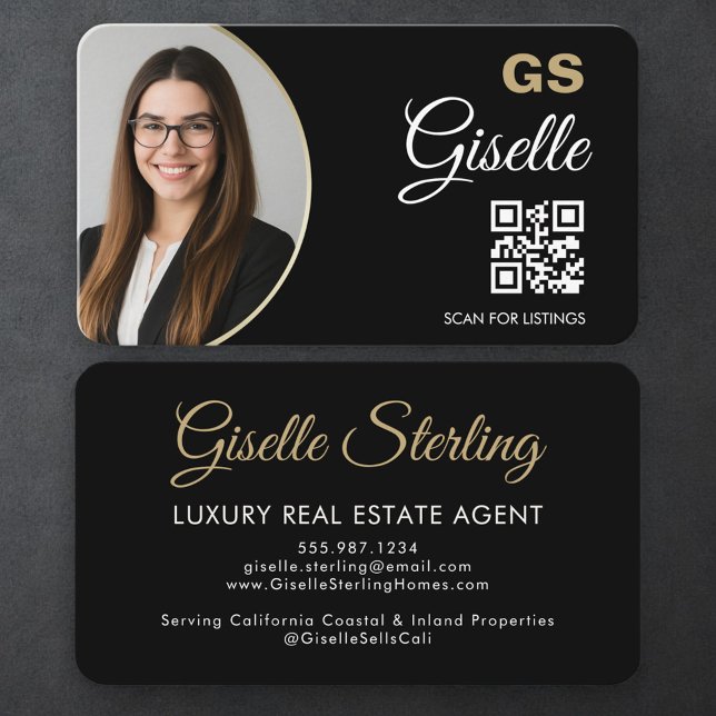 Luxury Real Estate Agent QR Code Black Gold Photo  Visitkort (Skapare uppladdad)