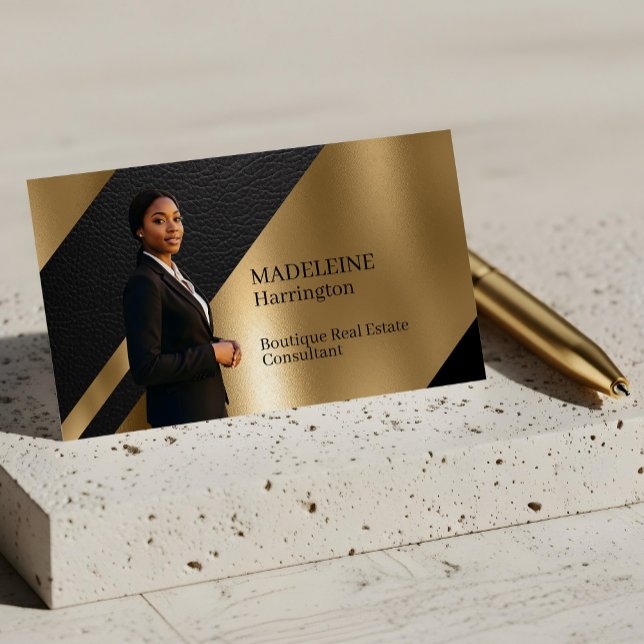 Luxury Real Estate Black & Gold Black Leather Luxe Visitkort (Luxury Real Estate Black & Gold Black Leather Luxe Business Card)