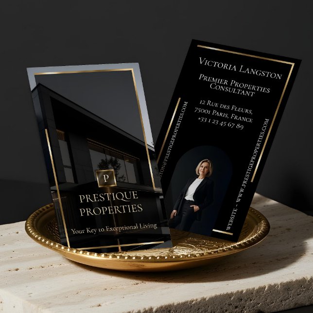 Luxury Real Estate Black Gold Photo Monogram Visitkort (Luxury Real Estate Black Gold Photo Monogram Business Card)