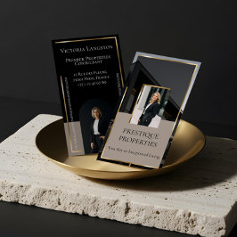 Luxury Real Estate Black Gold Photo Monogram Visitkort