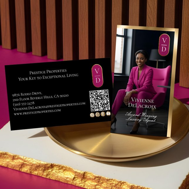 Luxury Real Estate Black Gold Pink Photo Monogram Visitkort (Luxury Real Estate Black Gold Pink Photo Monogram Business Card)