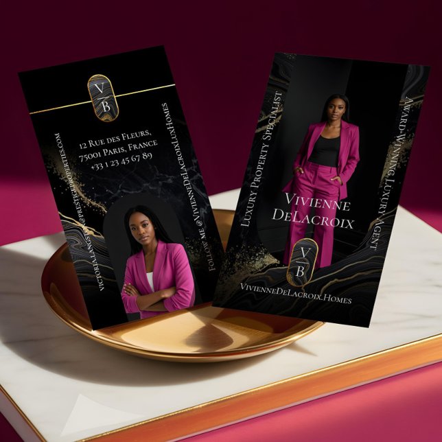 Luxury Real Estate Elegant Black Gold Marble Photo Visitkort (Luxury Real Estate Elegant Black Gold Marble Photo Business Card)