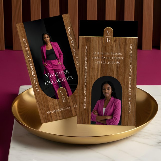 Luxury Real Estate Elegant Woodgrain & Gold Photo Visitkort (Luxury Real Estate Elegant Woodgrain & Gold Photo Business Card)