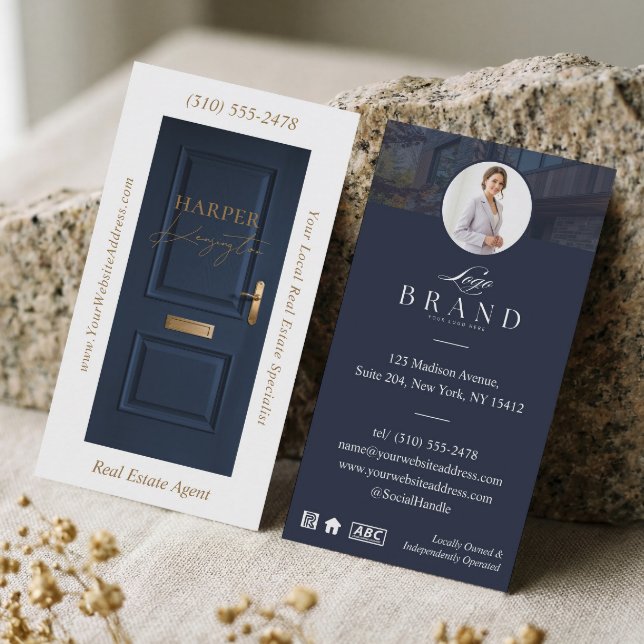 Luxury Real Estate Navy Door Professional Photo Visitkort (Luxury Real Estate White Door Professional Photo Business Card)