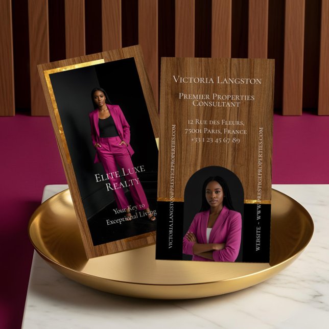 Luxury Real Estate Woodgrain & Gold Arch Photo Visitkort (Luxury Real Estate Woodgrain & Gold Arch Photo Business Card)
