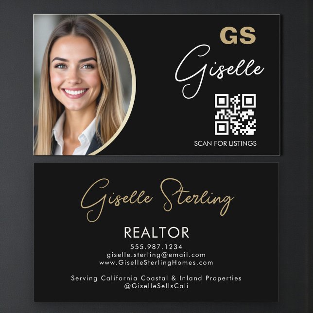 Luxury Realtor QR Code Black Gold Photo  Visitkort (Skapare uppladdad)