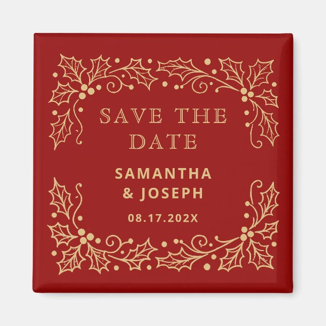Luxury Red & Antique-Gold Save the Date Magnet (Framsidan)