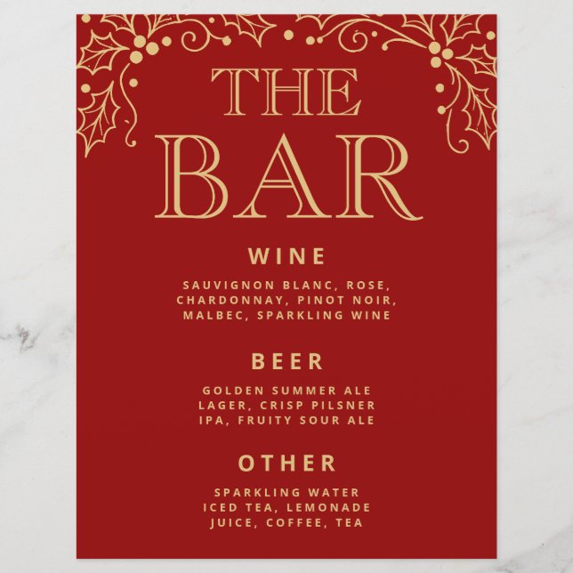 Luxury Red & Antique Gold Wedding Bar Menu Sign (Framsida)