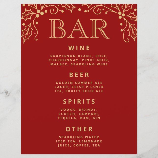 Luxury Red Antique Gold Wedding Bar Menu Tabletop (Framsida)