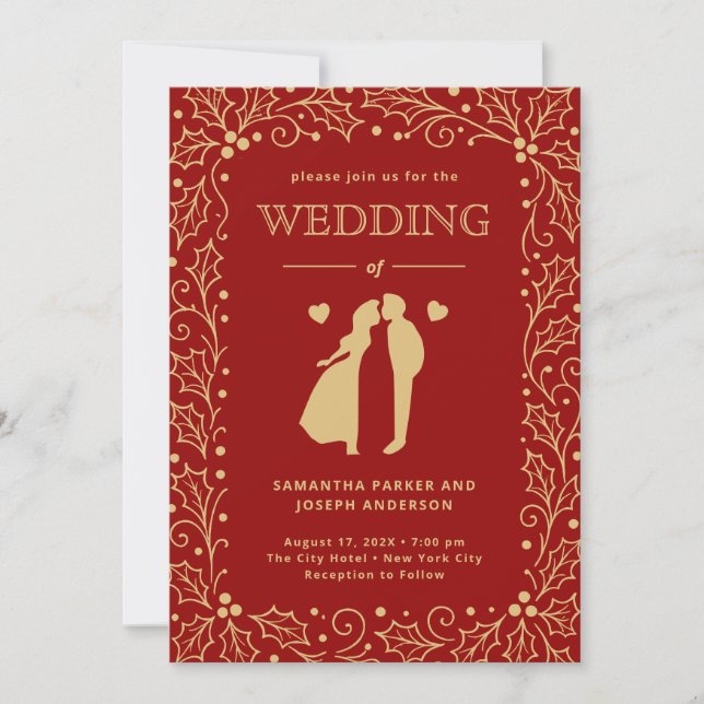 Luxury Red & Antique-Gold Wedding Inbjudningar (Framsida)